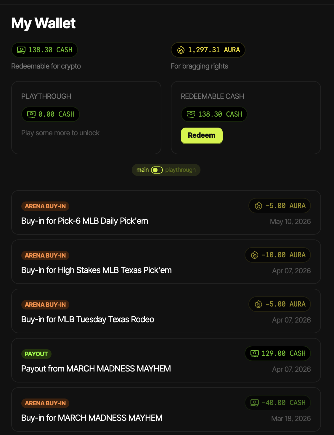 A wallet view with redeemable cash